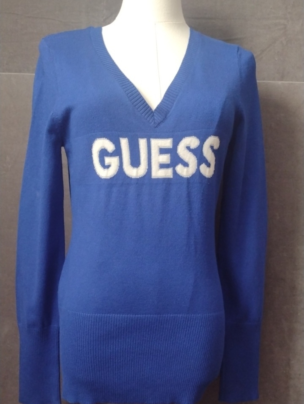 GUESS Medium Blue V-Neck Sweater with White Logo